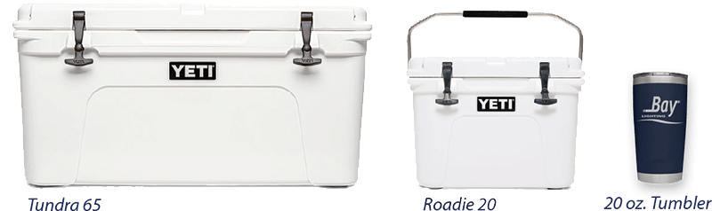 Image of Yeti coolers and a tumbler on Bay Lighting's website