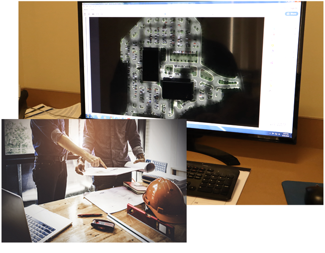 Image of a computer with an image of people collaborating on a lighting project on Bay Lighting's Maryland commercial lighting website
