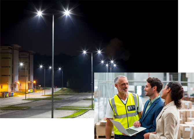 Image of parking lot lights beneath an image of business people collaborating with a lighting technician on Bay Lighting's Maryland commercial lighting website