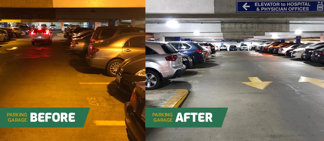 Before and After of Parking garage lighting image on Bay Lighting's commercial lighting website