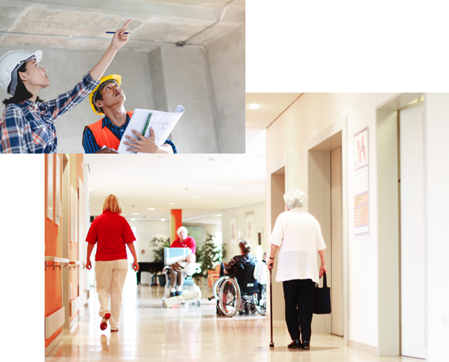 Collage of construction workers where lighting should go and hallway lighting in senior living facility