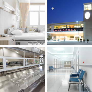 Hospital collage of food court, hallway, room and outside of emergency room entrance on Bay Lighting's Maryland commercial lighting website