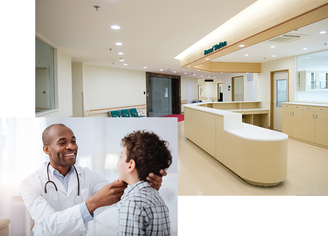 Hospital lighting and doctor checking patient image on Bay Lighting's Maryland commercial lighting website