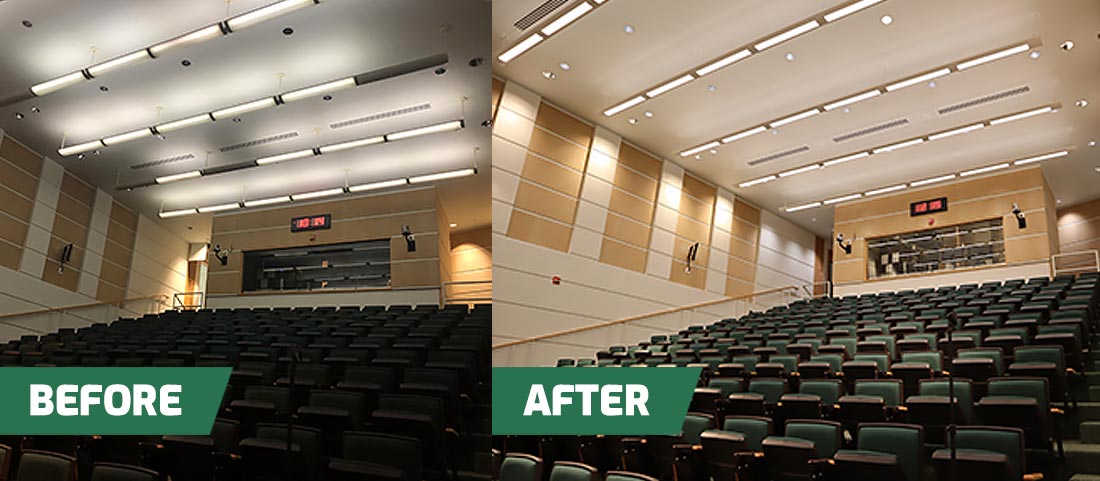 Before and after image of an auditorium lighting project on Bay Lighting's commercial lighting website